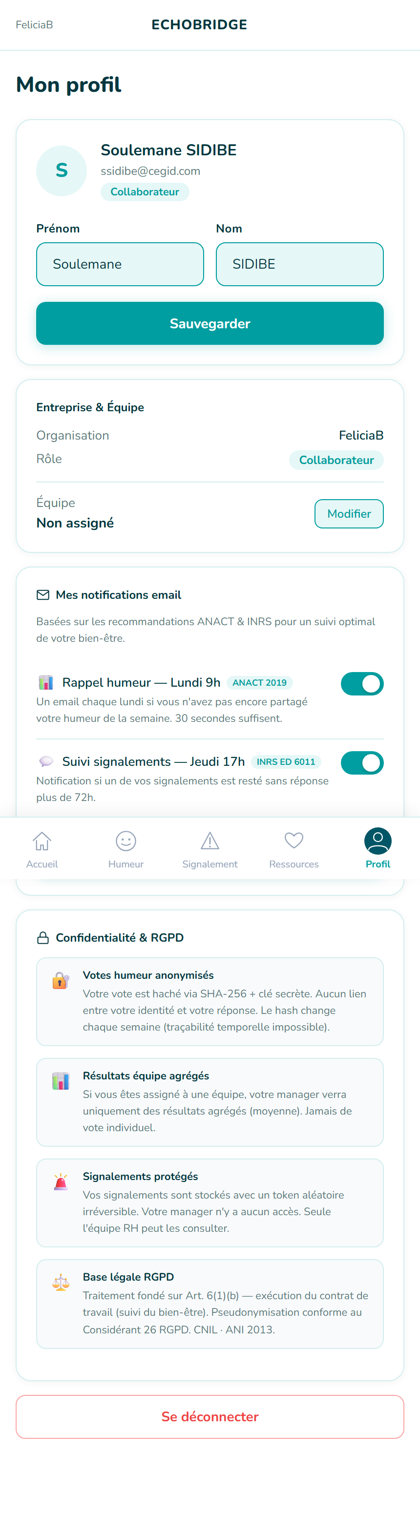 Page profil app
