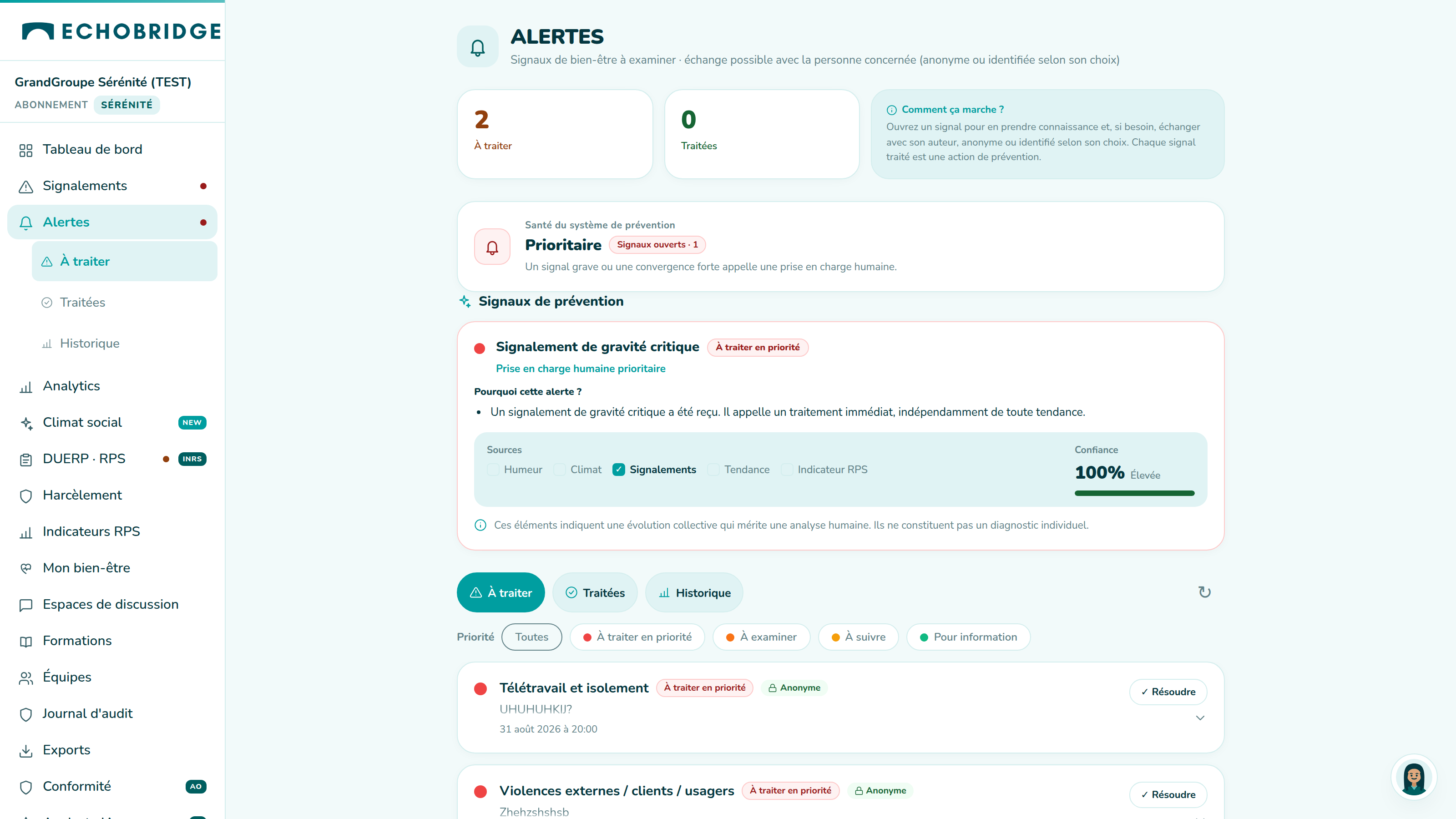 Bandeau de santé du système de prévention et signaux détectés