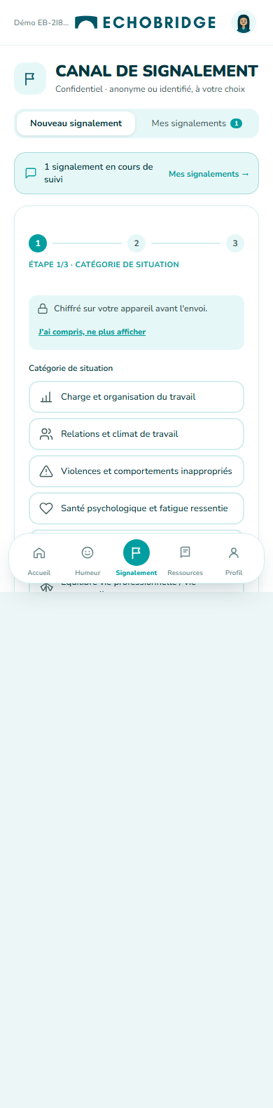 Écran de signalement, quinze catégories disponibles